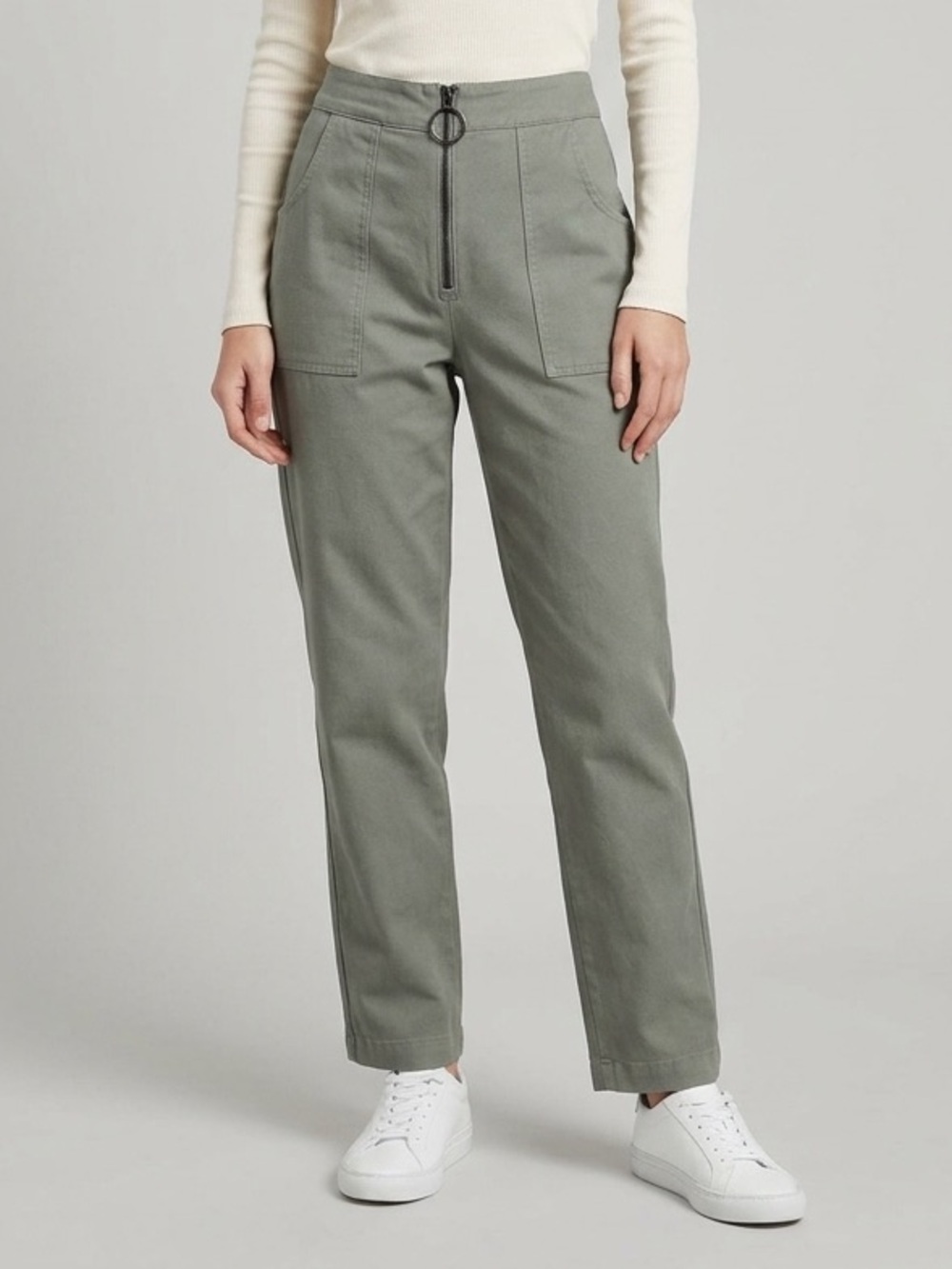 Eve Gravel Olive-Green Straight-Leg High-Rise Cotton Utility Pants Size Small‎